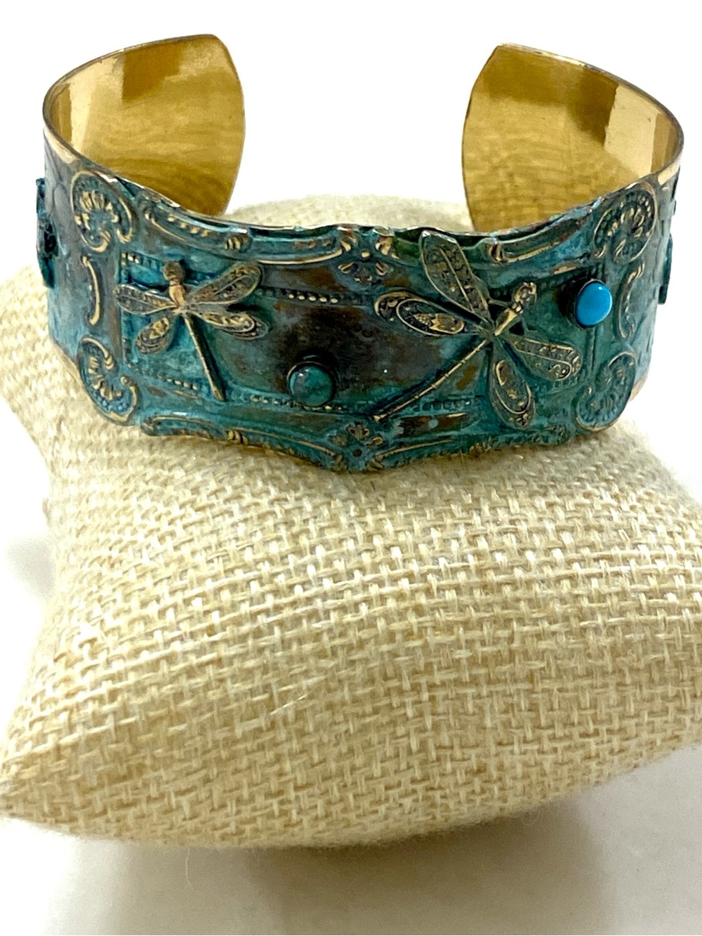 Vintage Turquoise Patina Dragonfly Cuff Bracelet with Gold Interior Accents
